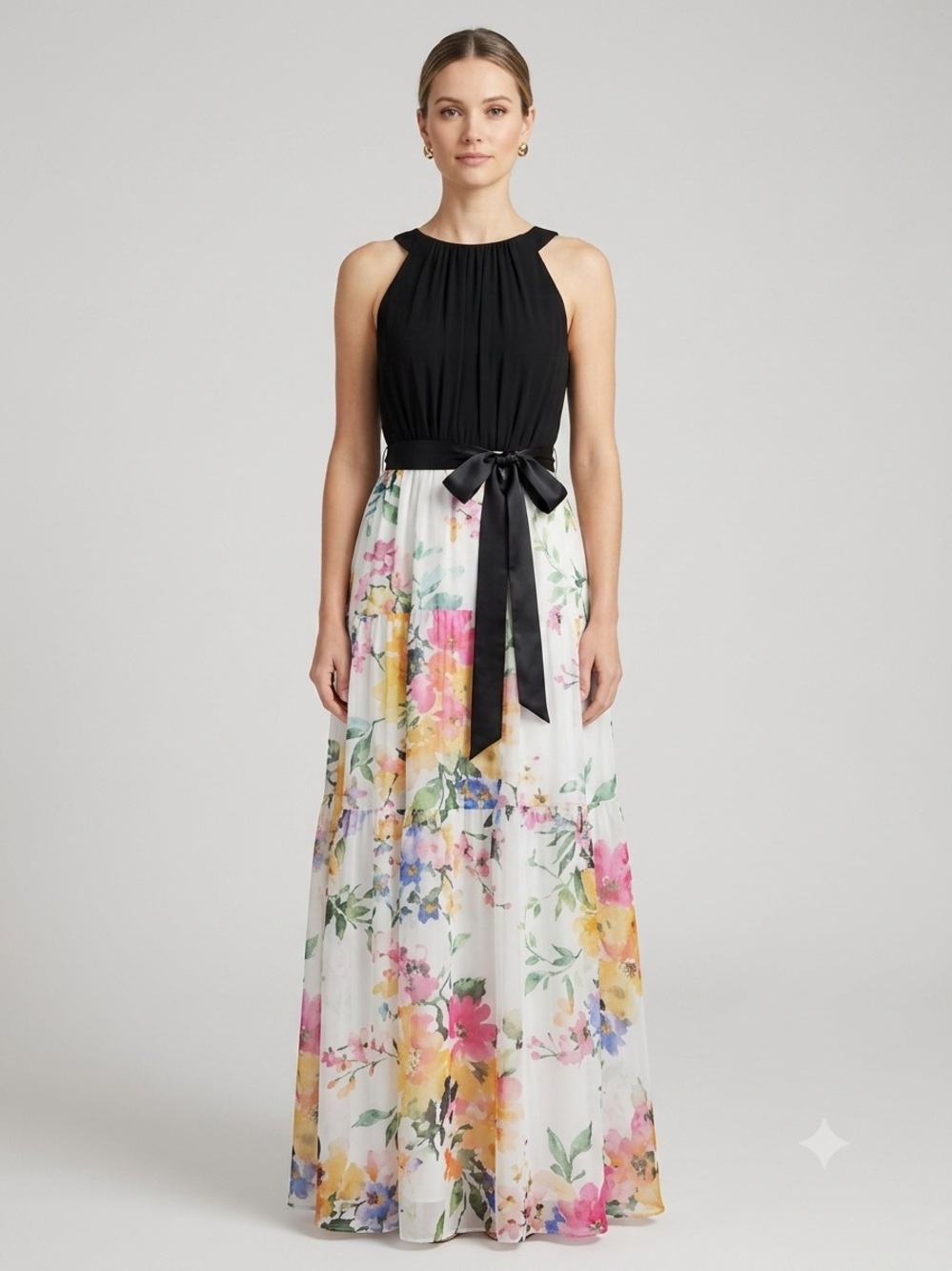 SLNY‎ Black Halter Dress with Ivory Chiffon Skirt